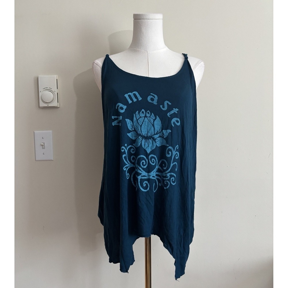 Bohemian Hippie Yogi Kathmandu Imports Tank Top Namaste Teal Blue Medium Large